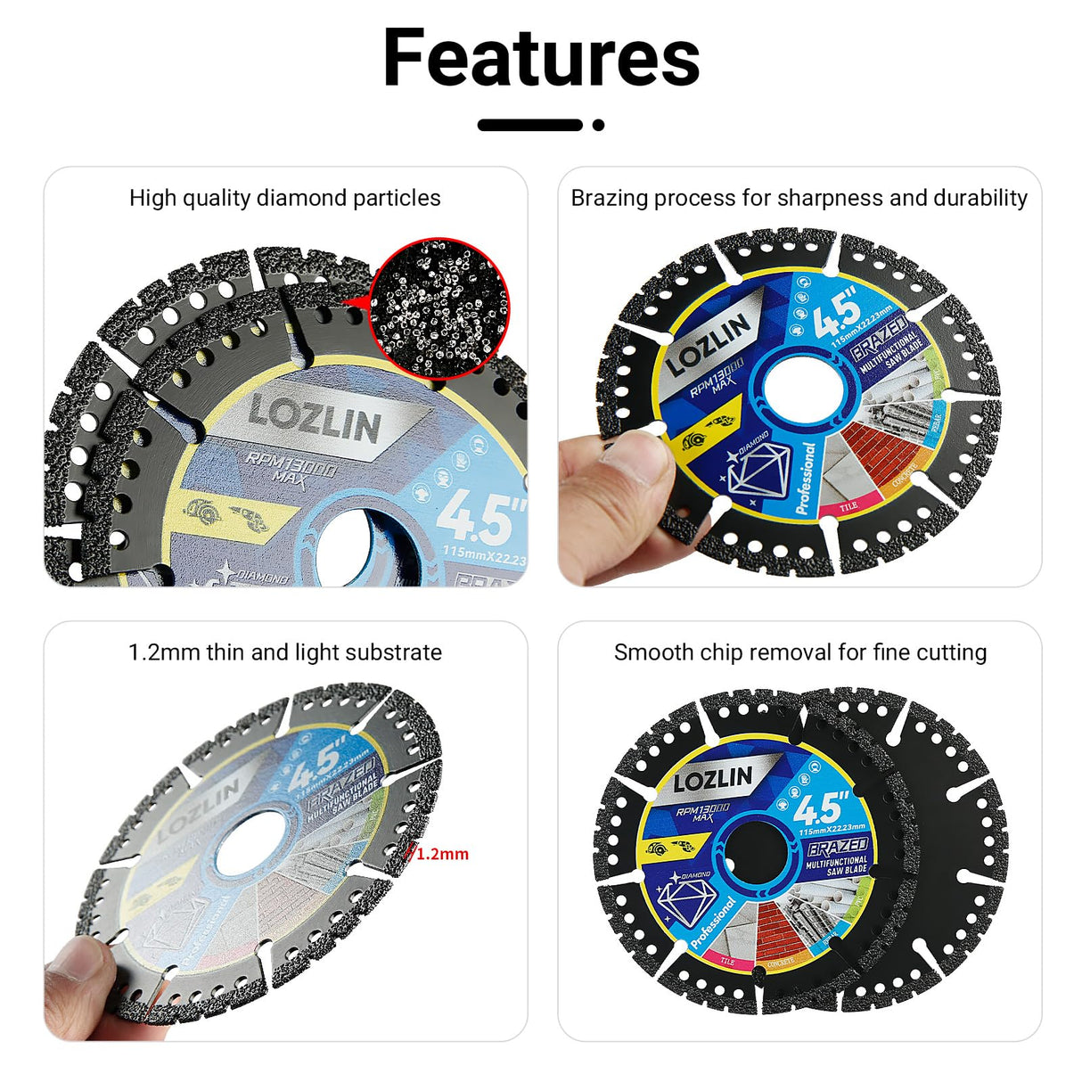 LOZLIN Diamond Blades 3-Pack 4.5" Diamond Multi-Purpose Saw Blades - Heavy Duty Angle Grinder Discs for Cutting Marble/Quartz/Stone/Tile/Metal/Plastic (Black Teeth)