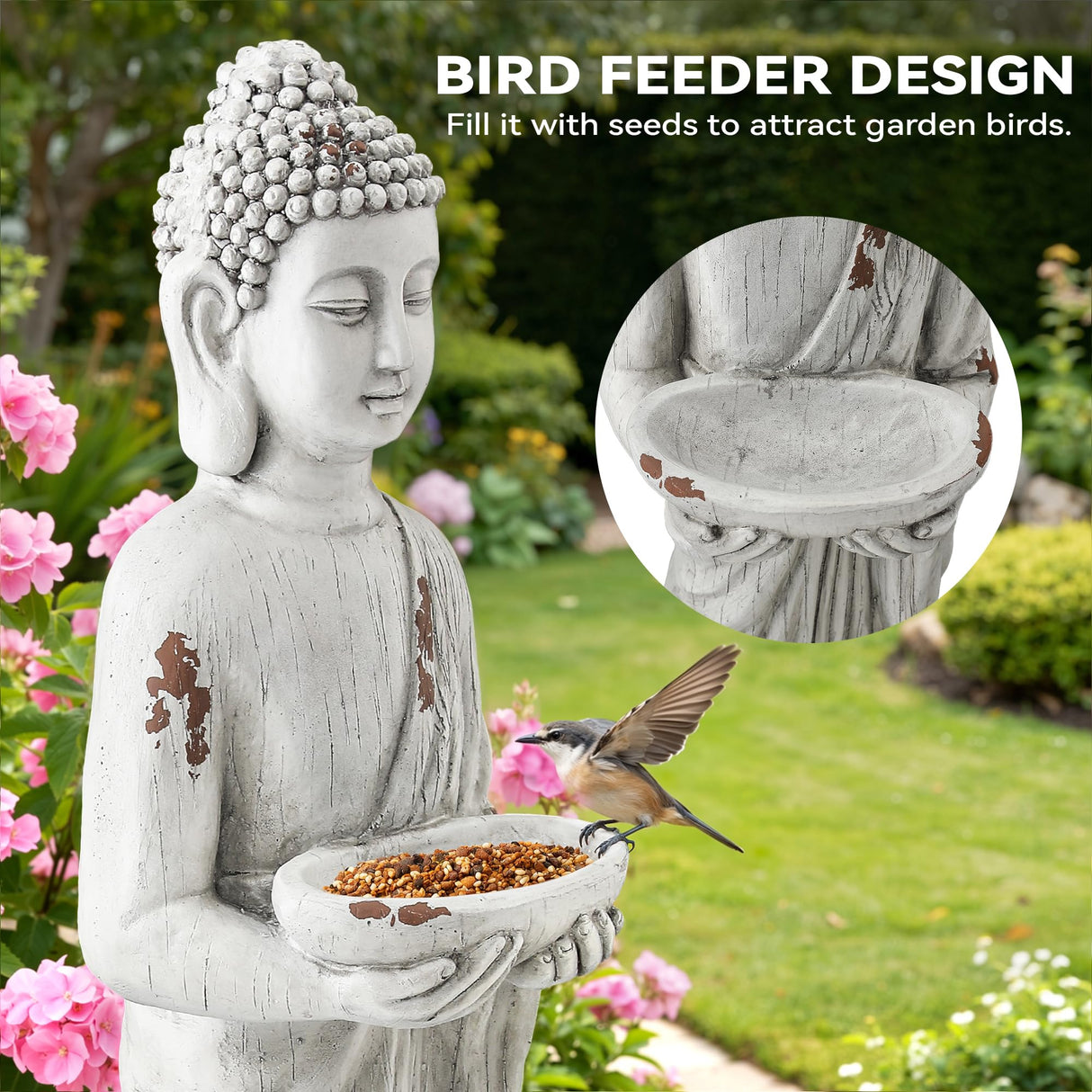 Ultym 42" Buddha Outdoor Statue with Birdfeeder, Extra-Large Buddha Figures