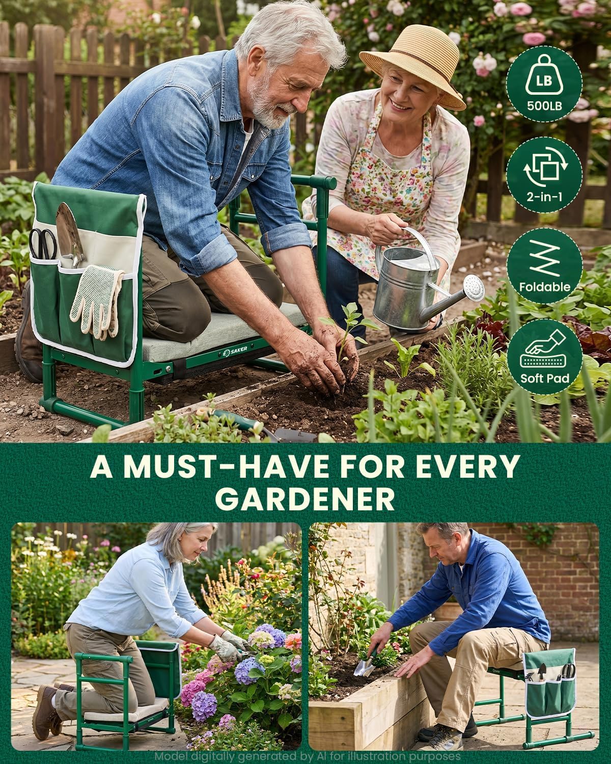 Saker 2026 Upgraded Garden Kneeler and Seat - Gardening Bench Gardening Stool with 500LB Heavy Duty Round-Tube Frame, Soft Kneeling Pad Foldable Support for Elderly, Gardening (Luxury Version)