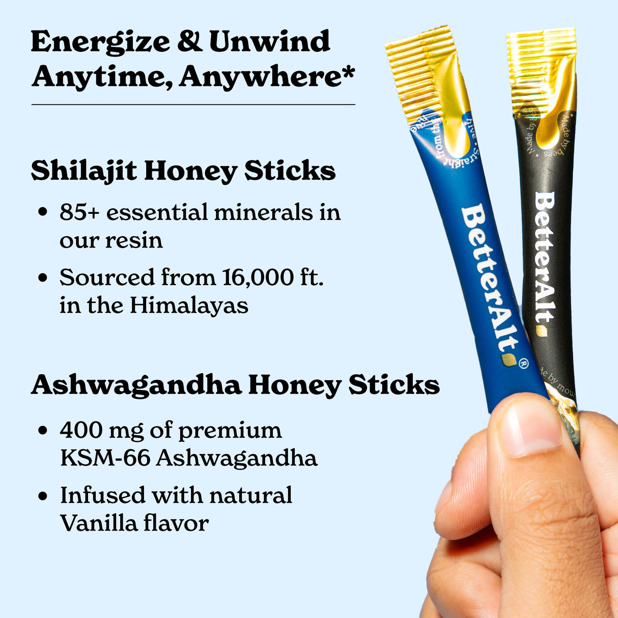 Better Alt Ashwagandha & Classic Shilajit Honey Sticks| Pure Himalayan Shilajit Organic Multiflora Honey & Saffron|60 Sticks|Energy & Immune Support Supplement