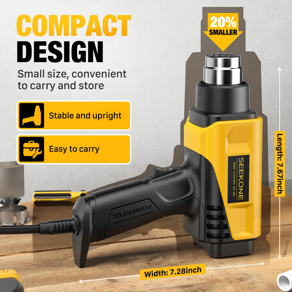 SEEKONE 1800W Heat Gun Compact Design Heavy Duty Hot Air Gun 122℉-1202℉(50℃- 650℃)Variable Temperature Control for 2 Speed Settings with 4 Nozzels for Crafts, Vinyl Wrap, Shrink Tubing
