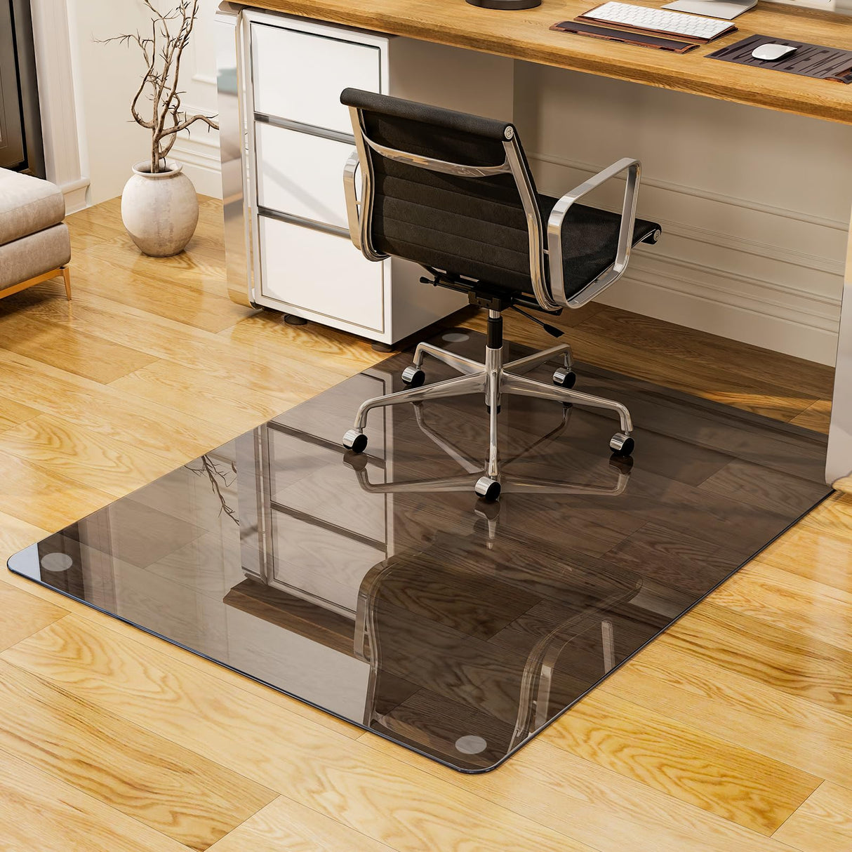 GLSLAND Office Chair Mat, 36" x 46" Grey Tempered Glass Floor Mat for Office Chair on Carpet, 1/5" Thick Computer Floor Mat with 4 Anti-Slip Pads
