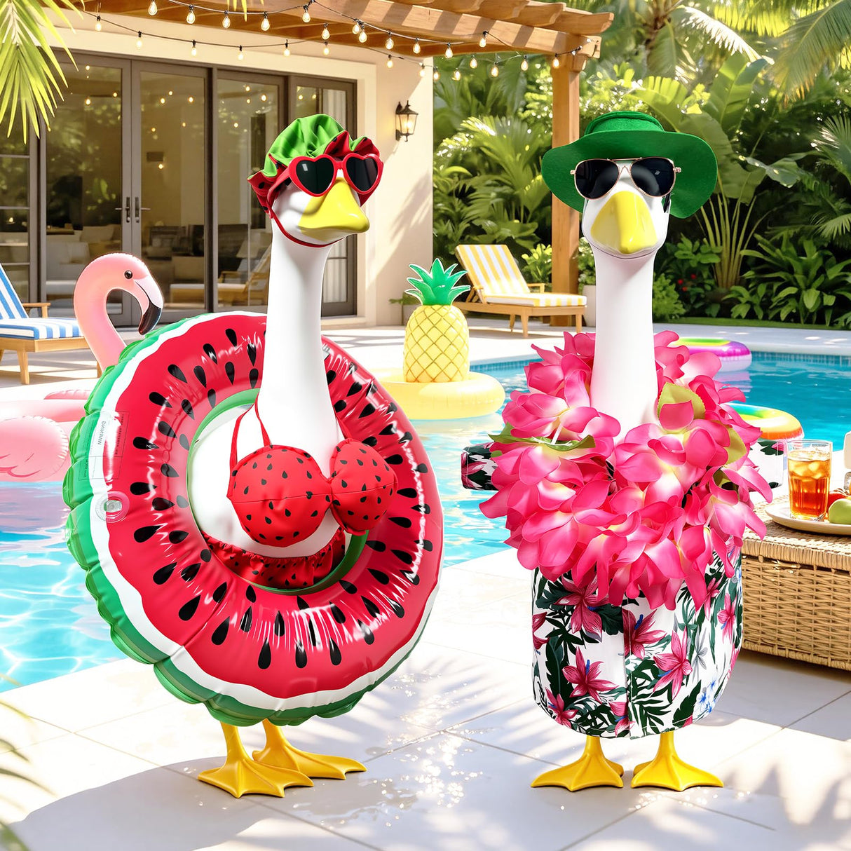 2 Set Hawaiian Porch Goose Outfits,23''Porch Goose Summer Outfits,Bikini Lawn Goose Costume,Yard Goose Clothes Skirt Hat Glasses Floral Wreath Swimming Ring for Outdoor Garden Yard Decor