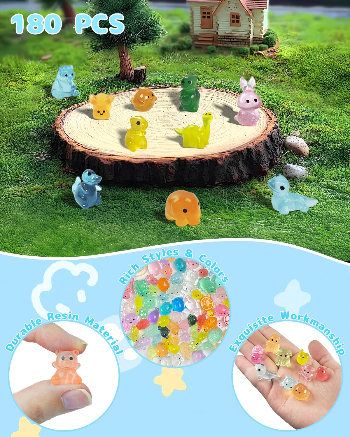 Piemow 180 Pcs Mini Resin Animals Kit, Luminous Landscape Figurines Decor