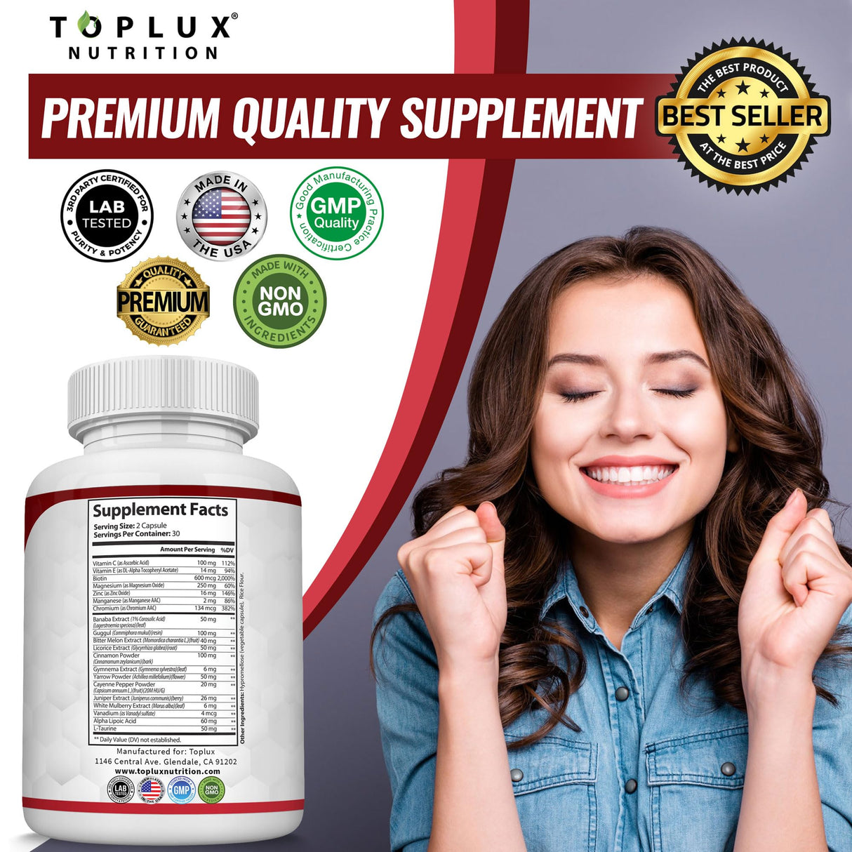 Blood Sugar Complex Supplement - Supports Healthy Blood Sugar Levels Already Within Normal Range All Natural with Cinnamon, Bitter Melon, Chromium, Mulberry, Alpha Lipoic Acid, Non-GMO, 60 Capsules