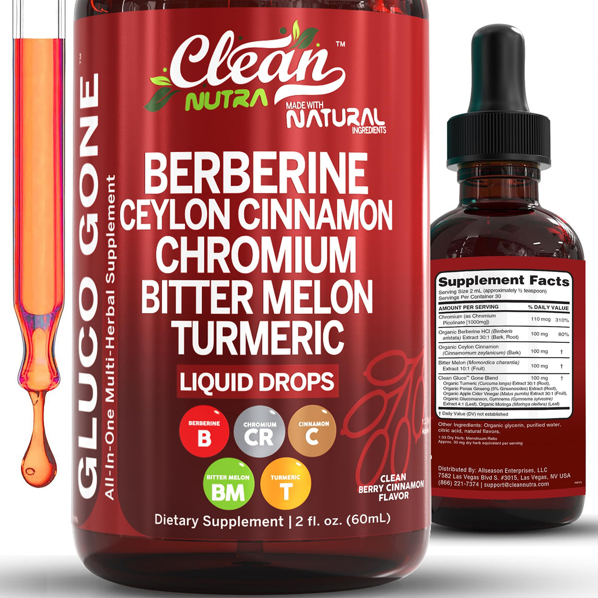 Clean Nutraceuticals Berberine with Ceylon Cinnamon Supplement Liquid Drops + Bitter Melon Extract, Glucomannan, Gymnema, Chromium, Turmeric, Organic Panax Ginseng, Moringa GLP-1 Support