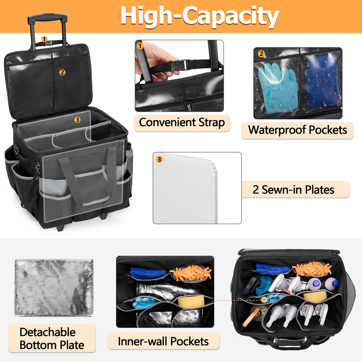 HODRANT Large Rolling Cleaning Caddy with Detachable Trolley & Lid, Cleaning Cart on Wheels with Shoulder Strap & Handles, Cleaning Supplies Organizer with Multi Pockets for Cleaning Tools Storage