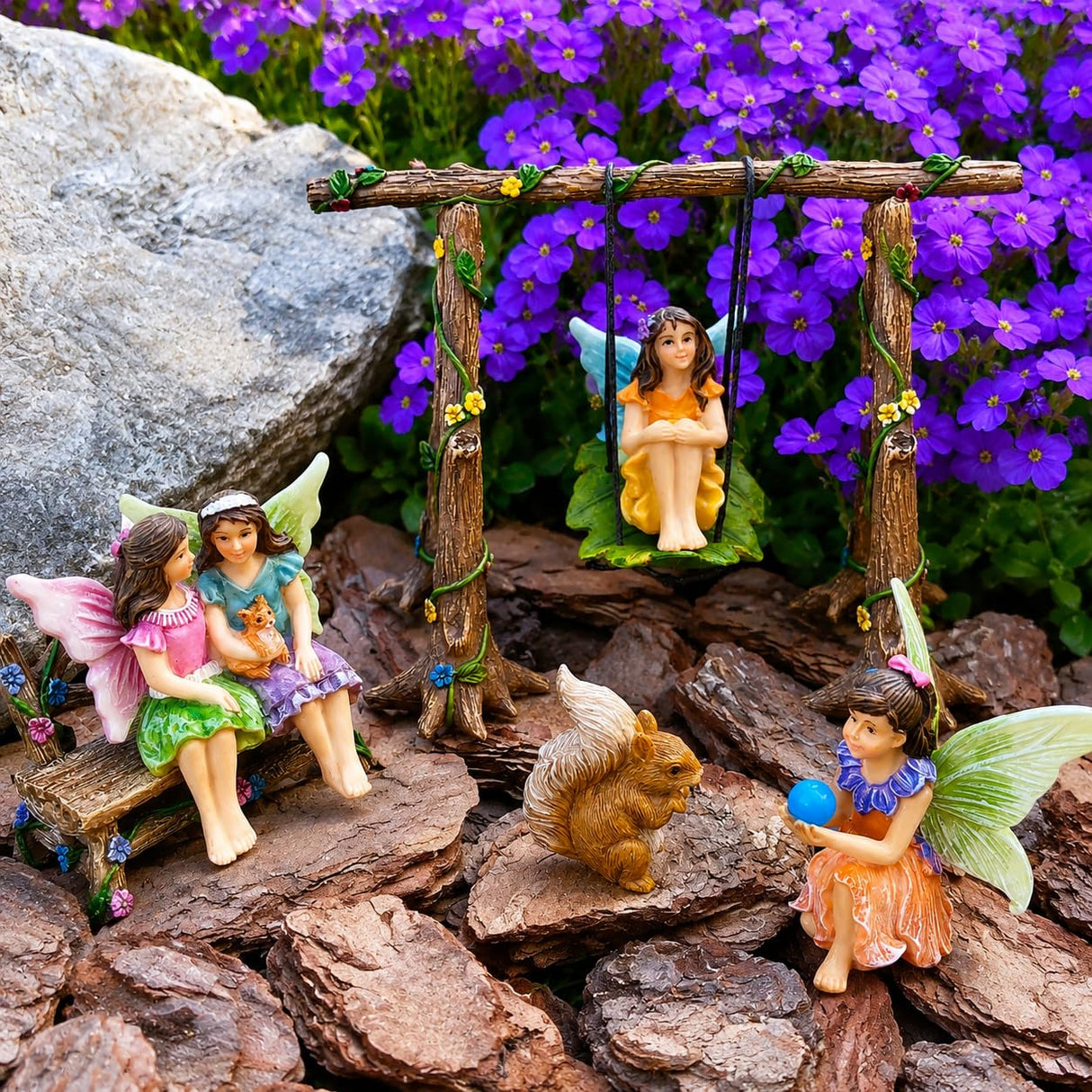 Mood Lab Fairy Garden Figurines with Swing - Miniature Accessories Set (6 pcs) - Outdoor Indoor Garden Decor