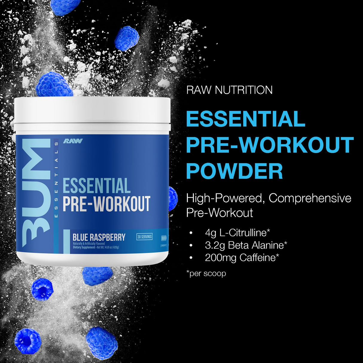 RAW Nutrition - Essential Pre - Chris Bumstead Pre Workout Formula, Sports Nutrition Pre-Workout Powders | Men & Womens Drink, Energy Powder for Working Out (Blue Raspberry)