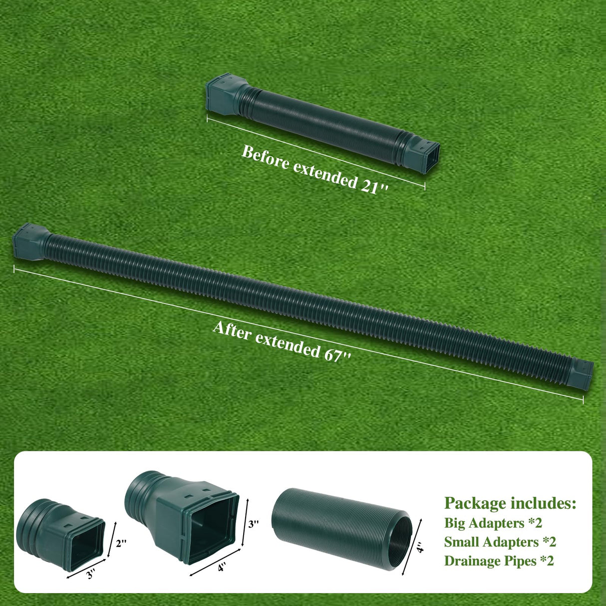 Gutterlix 2 Pack Flexible Gutter Downspout Extensions Extendable from 21" to 67", Downspout Extender Comes with Adapters, Thickened Down spout Drain Extension for Rainwater Drainage(Green)
