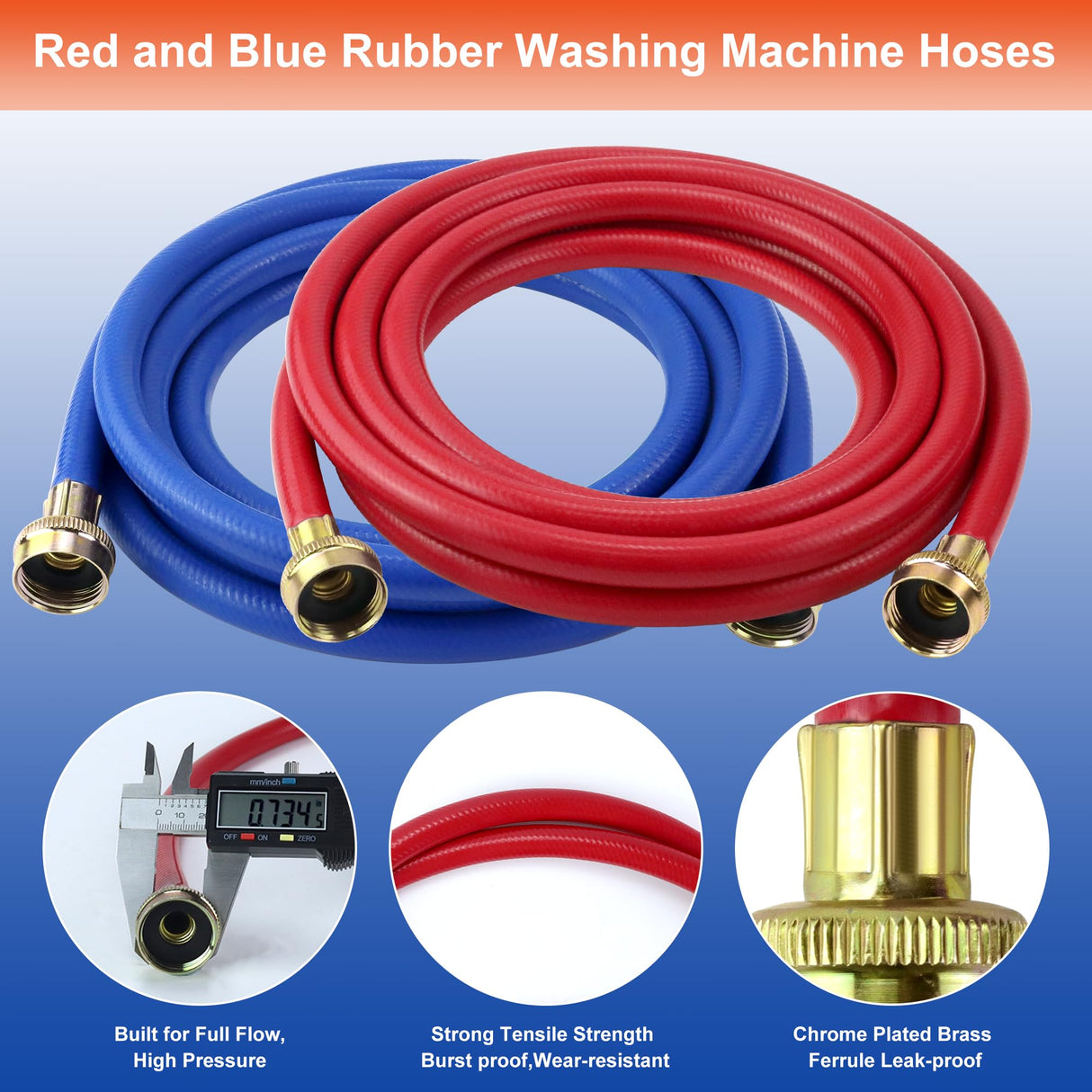 2 PACK Rubber Washing Machine Hoses Burst Proof Red and Blue Coded Washer Machine for Hot and Cold Water 3/4" Connection Supply Lines by Fetechmate Washer Hoses (12 FT)