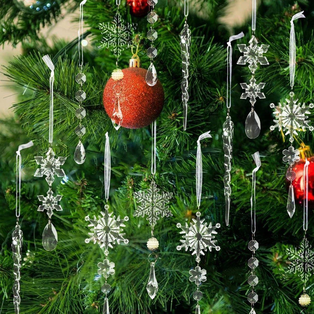 Christmas Tree Decoration Crystal Ornaments - 32pcs Acrylic Christmas Ornaments Snowflake Icicle Drop Crystal Hanging Ornaments for Xmas Tree Winter Holiday Frozen Party Decorations