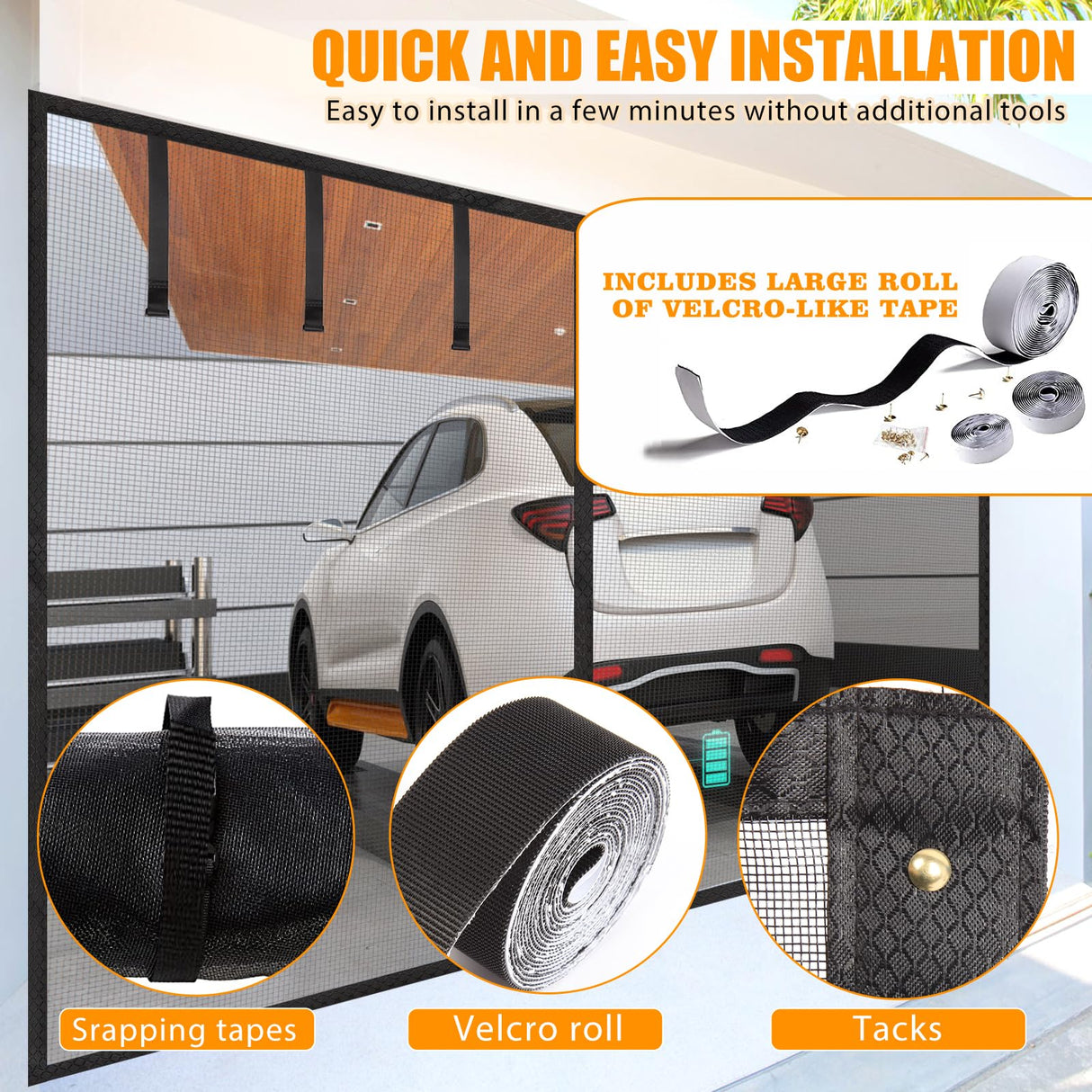 Elytsemoh Garage Screen Doors for 2-Car Garage -16x7FT, Fiberglass 2300g/5.1 Lb Heavy Duty Magnetic Door Screen, Hands-Free with 6 Roll Up Straps for Patio, Outdoor, Gym, Sun House Porch, Black