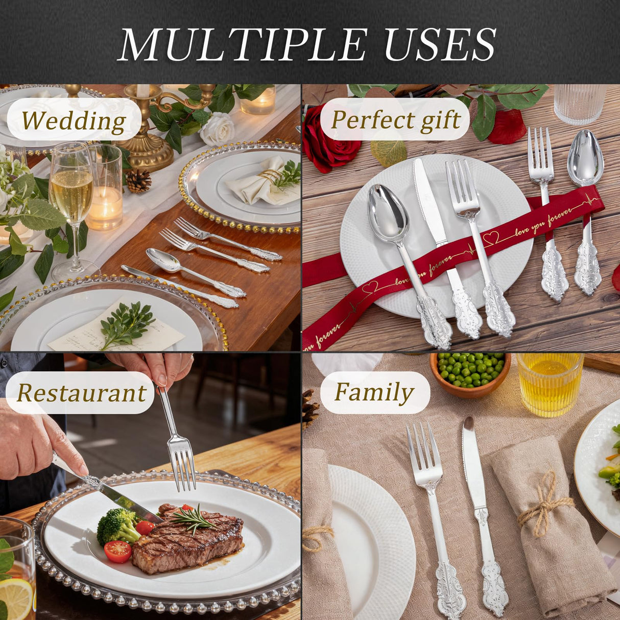 WDF 200 Pieces Silver Plastic Silverware Disposable - 50Guests Silverware Plastic Cutlery - Disposable Utensils Includes 100 Forks, 50 Spoons, 50 Knives Perfect for Christmas Wedding or Party