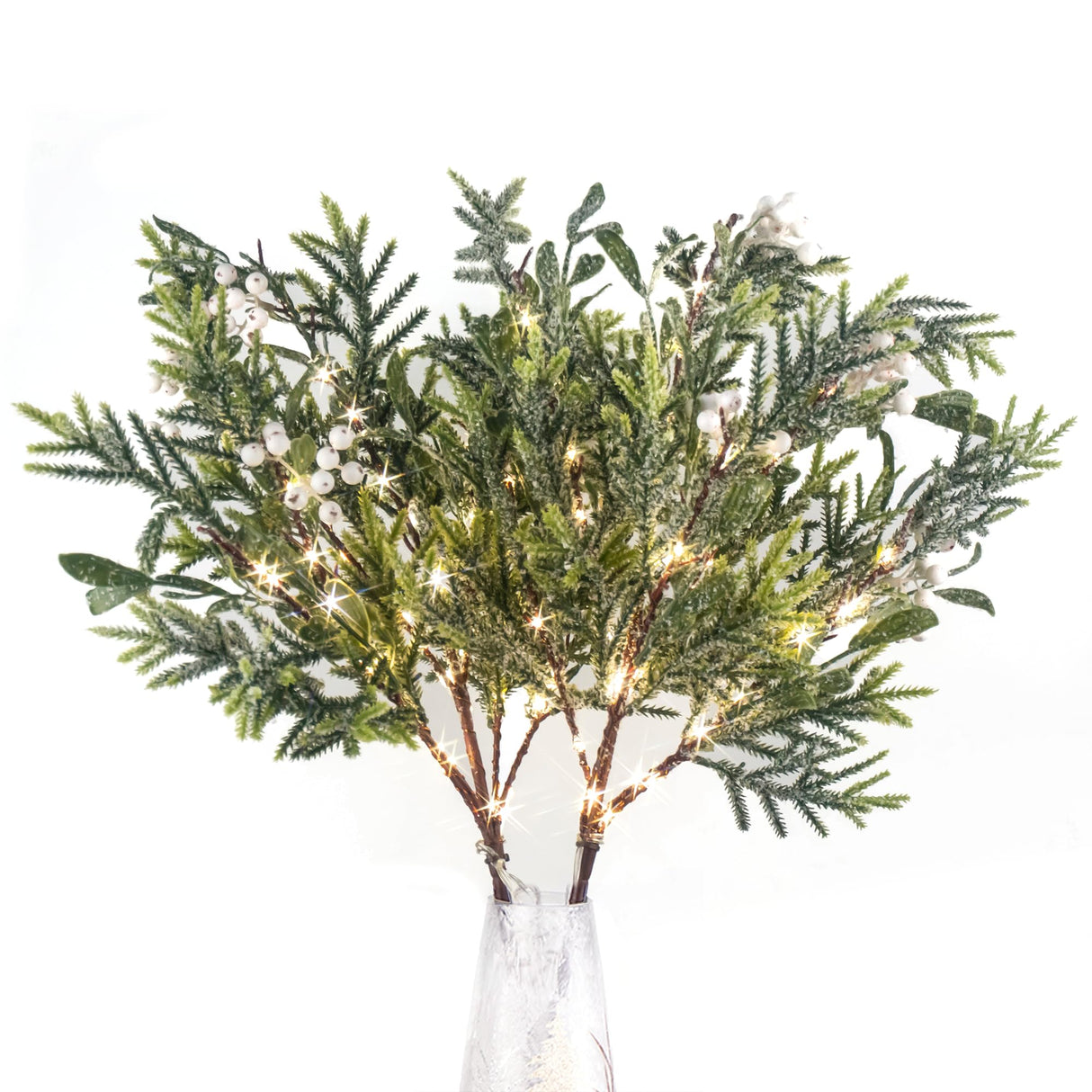 Lighted Artificial Pine Branches for Vases, 28" Christmas Cypress Sprigs with 60 LED Lights, Battery Operated or USB Plug in, Indoor/Outdoor Holiday Decorations (2PCS)