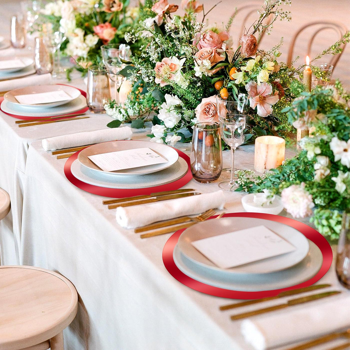 KesaPlan 100 PCS Round Red Placemats, 13" Disposable Paper Placemats for Dining Table, Mirrored Red Charger Place Mat for Christmas Thanksgiving Kitchen Banquet Table Setting Wedding Dinner Party