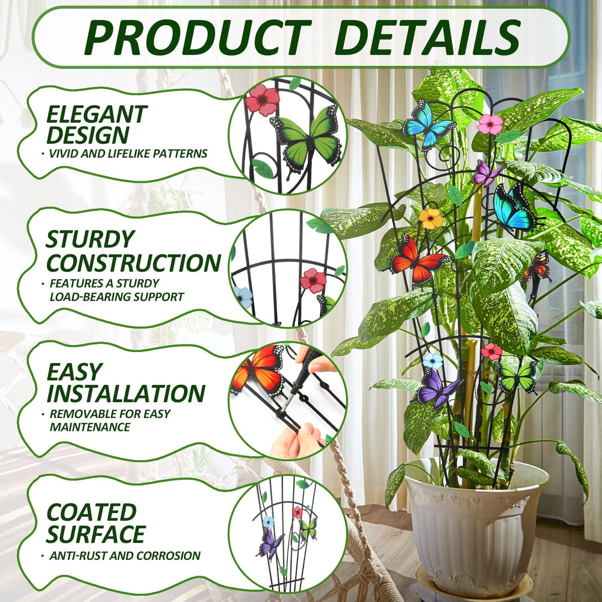 LEIFIDE 2 Pcs Butterfly Trellis for Climbing Plants Indoor 33in Small Climbing Outdoor Plant Potted Supports Expandable Metal Heavy-duty Rustproof Trellis for Monstera Bamboo Pothos Pot Vegetable Rose