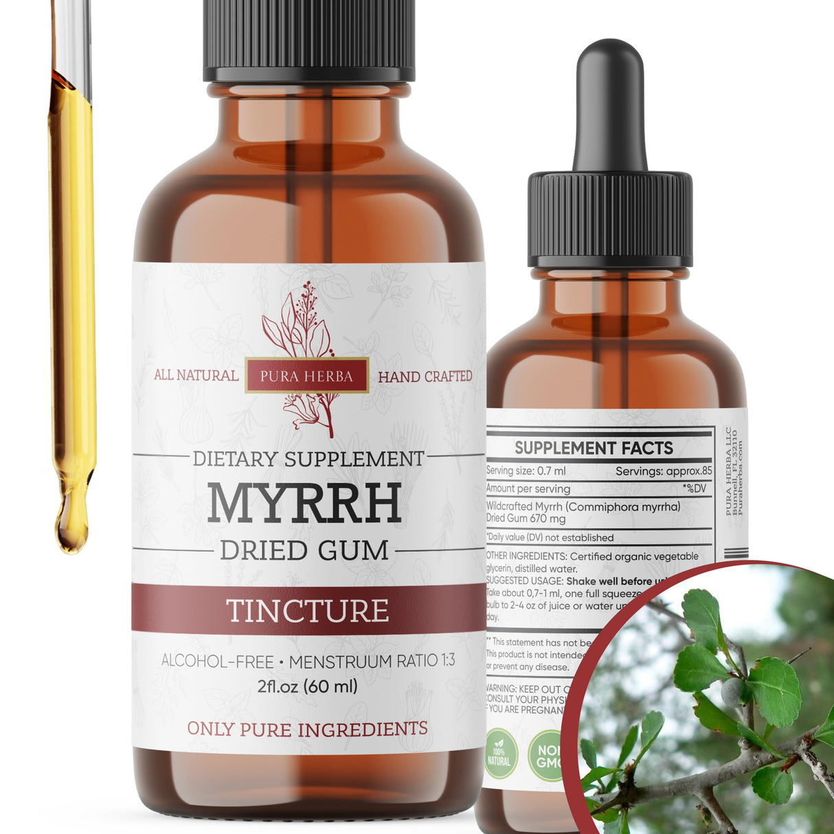 Pura Herba Organic Myrrh Liquid Extract - Alcohol-Free Tincture Drops | Non-GMO, Vegan, Gluten-Free Herbal Supplement | 2 Fl Oz | Made in USA