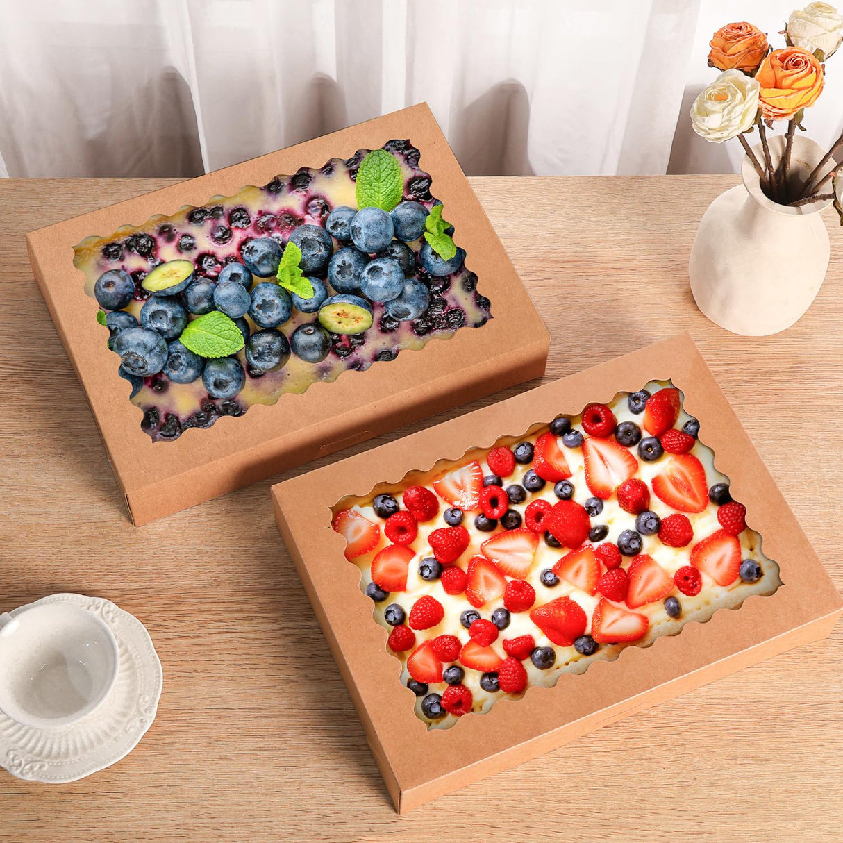 PFAMKEER 24 pcs Cookie Boxes,14x10x2.5 Inch Large Bakery Boxes with Window for Pies Chocolate Strawberries Muffins Donuts Pastry Dessert Christmas(Brown) (Brown, 14 * 10 * 2.5inch/24pcs)