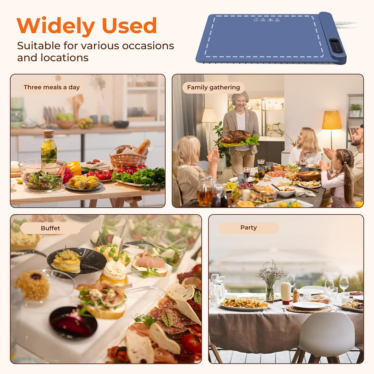 Compact Warming mat for Food, Touchscreen with 6-Temp & Timer Control, Foldable Food Warmer Mat for Coffee Tables, Breakfast Bars & Small Gatherings | Ideal Kitchen Gift (Graphene Heating, Blue)