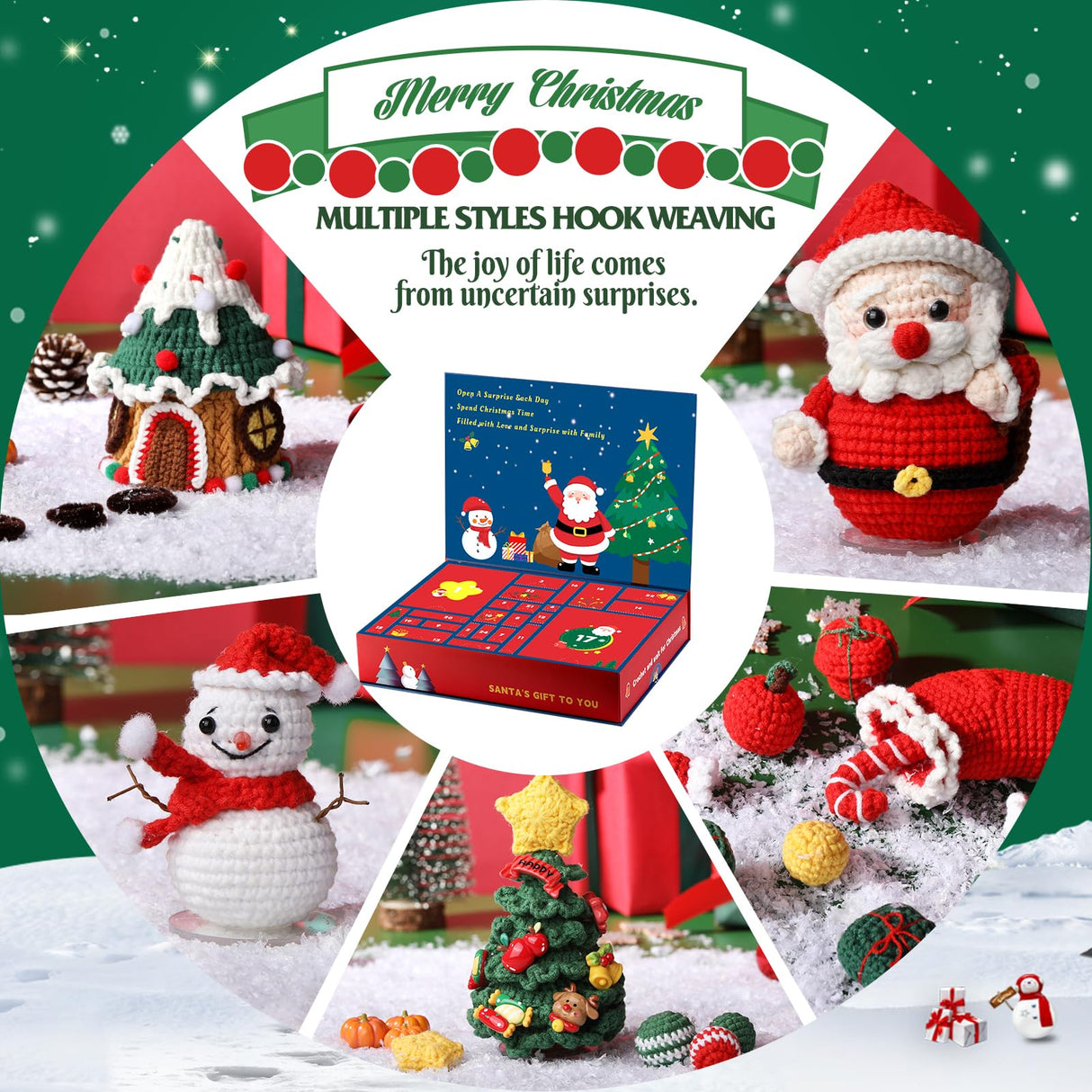 Pnytty Christmas Crochet Kit for Beginners Adults Knitting Starter Kit 24 Different Designs with Step-by-Step Video Tutorials Easy Knitting Soft Yarn Surprise Box Crochet Kit for Holiday Gift