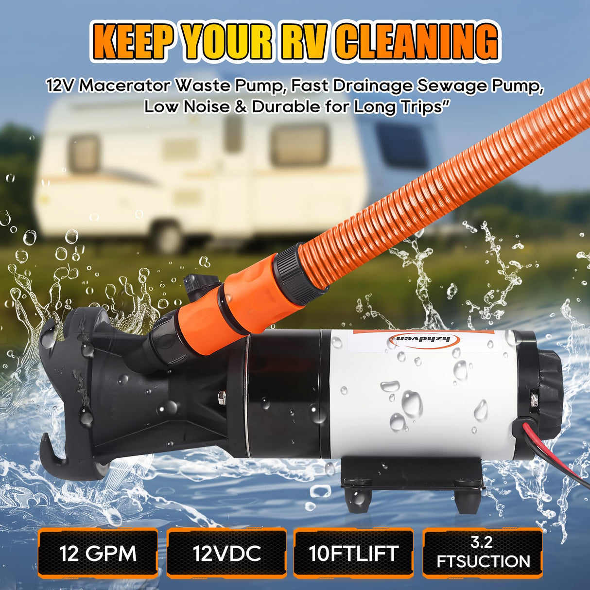 RV Macerator Pump 12V,Portable Macerator Waste Pump,12GPM Suction 3.2 feet Lift 10 feet with Garden Hose Discharge Port,Quick Release Sewage Pump with Fresh Water Crushing for Halloween Christmas