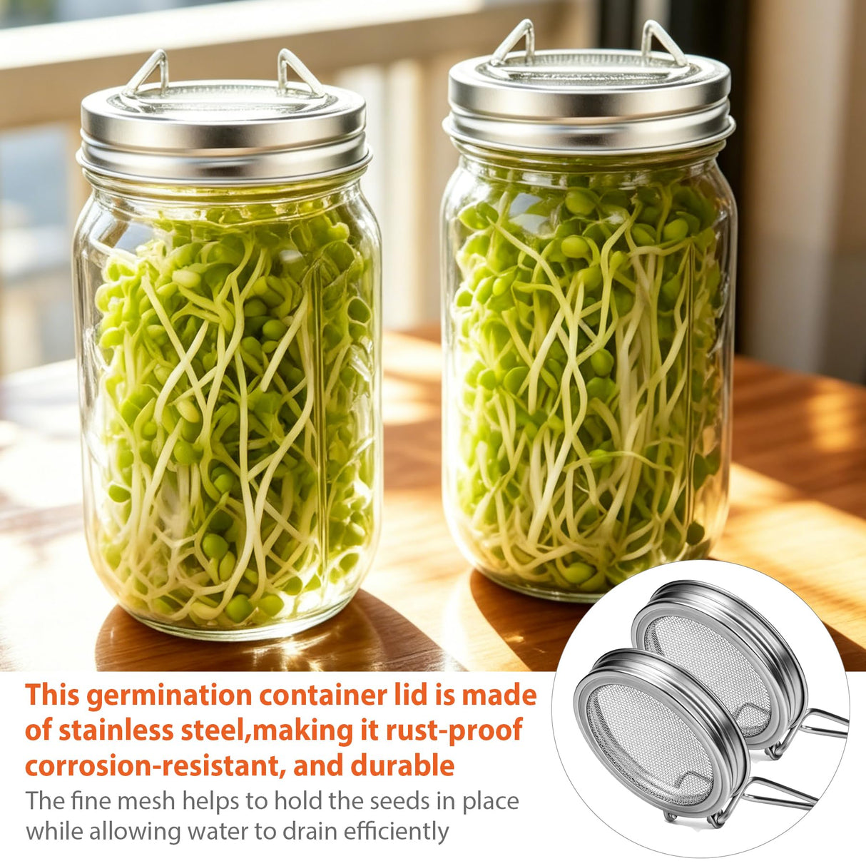 Sprouting Jars Kit, 2 Wide Mouth Mason Jars with 316 Stainless Steel Lids