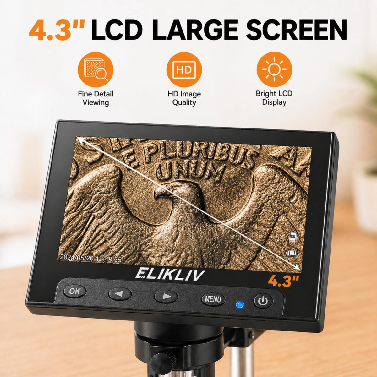 Elikliv Microscope, Digital Coin Microscope 1000x with Lights, EDM4, 4.3''