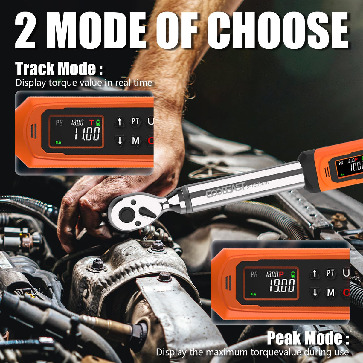 coobeast Digital Torque Wrench, 3/8 Drive Electronic Torque Wrench with Preset Value(1.5-99.5 Ft-lbs./2-135Nm), Buzzer and LED Flash Five Units of Measure for Bike Motorcycle Car