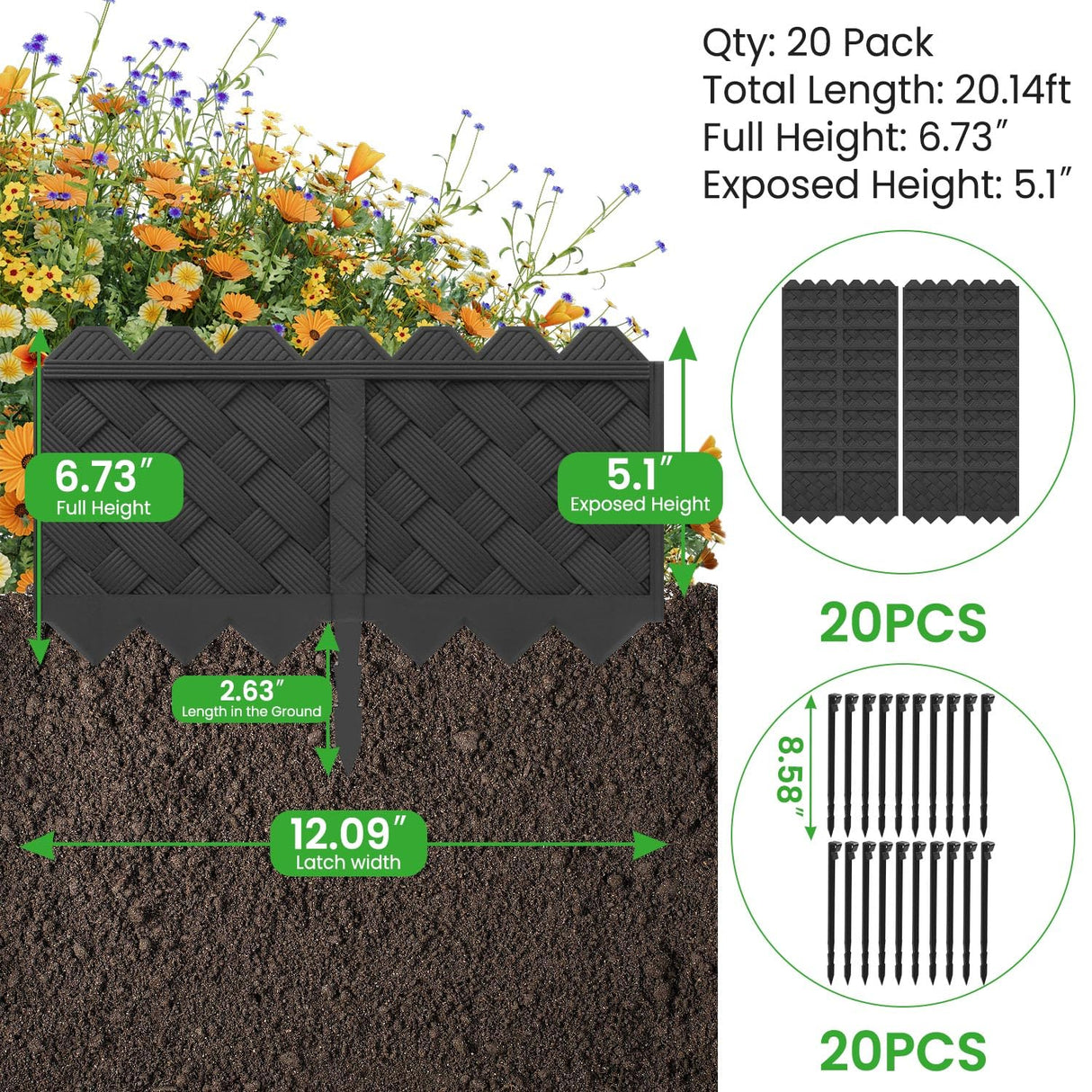 20 Pack Garden Edging with Stakes, Flower Bed Edging Borders, 5" X 20ft