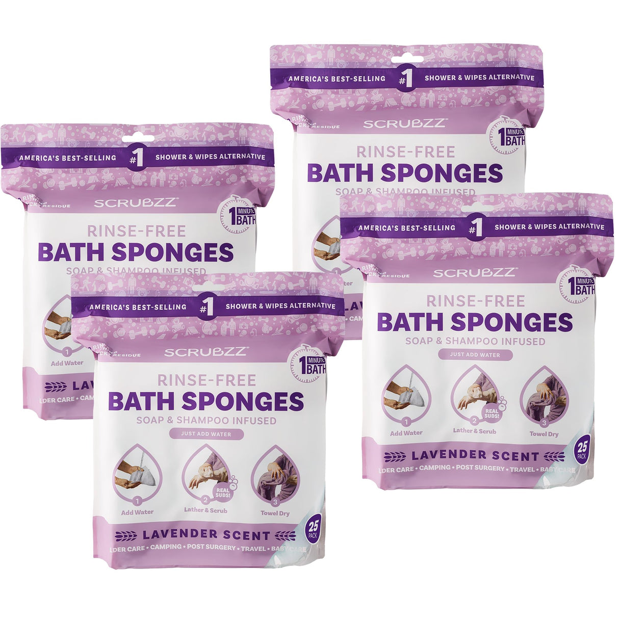 Scrubzz Disposable No Rinse Bathing Wipes - All-in-1 Single Use Shower Wipes, Simply Dampen, Lather, and Dry Without Shampoo or Rinsing (Lavender, 4-Pack)