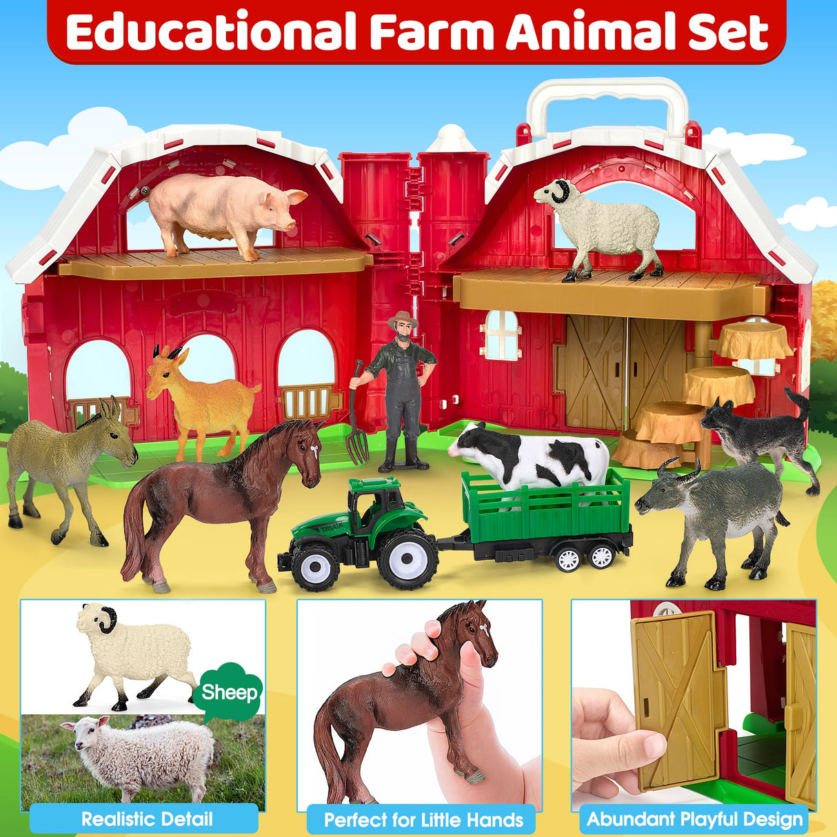 Farm Animals Toys for 1 2 3 4 5 Year Old Toddlers Girls Boys, Big Red Barn Farm Playset with Figures Animals and Tractor Toy for Kids 3-5, Educational Learning Toys, Christmas Birthday Easter Gifts