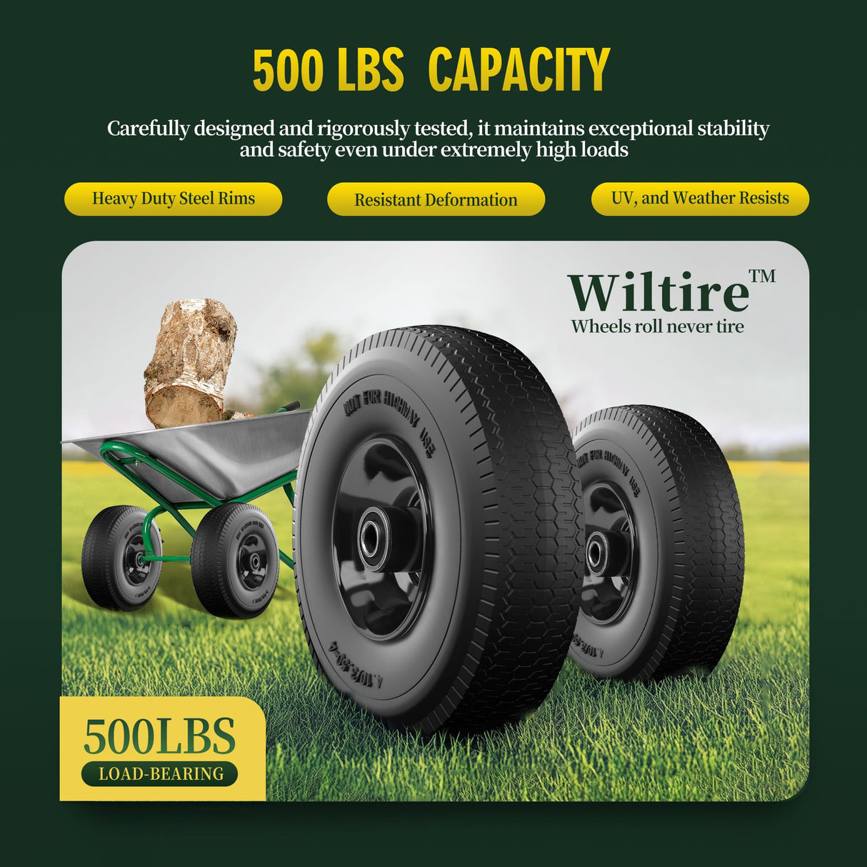 Wiltire (2 Pack) 4.10/3.50-4 Flat Free Tire and Wheel 10-Inch Solid Wheel Replacement with 5/8 Extra 3/4 &1/2 Bearings,2.2" Offset Hub -Compatible with Hand Truck,Wheelbarrow(Wave,Black)