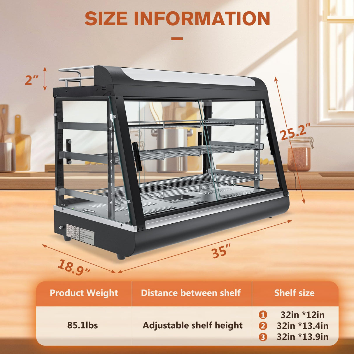 35inch 3-Tier Commercial Food Warmer with Top Rack for Milk Juice, Countertop Heat Holding Cabinet Display Case for Pizza/Pretzel, Three Color Lighting, w/Thermometer for Cafeteria Kitchen Restaurant