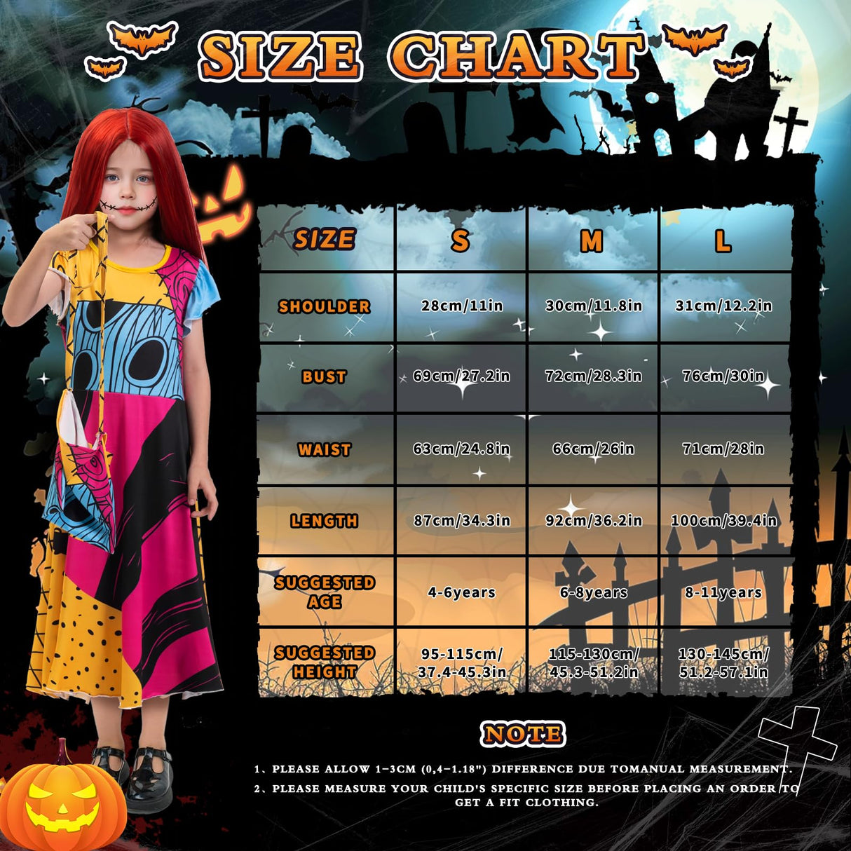 DVDGSC Halloween Sally Costume for Girls: Sally Dress Red Wig Bag - Cosplay Dress Up for Kids - Halloween Christmas Party Outfit (M)