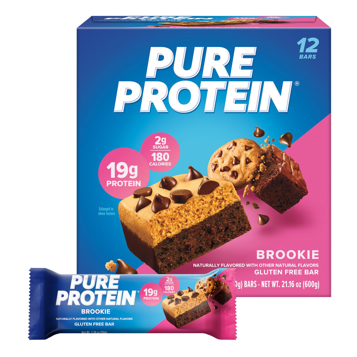 Pure Protein Bars, High Protein, Nutritious Snacks to Support Energy, Low Sugar, Gluten Free, Brookie, 1.76oz, 12 Count (Packaging May Vary)