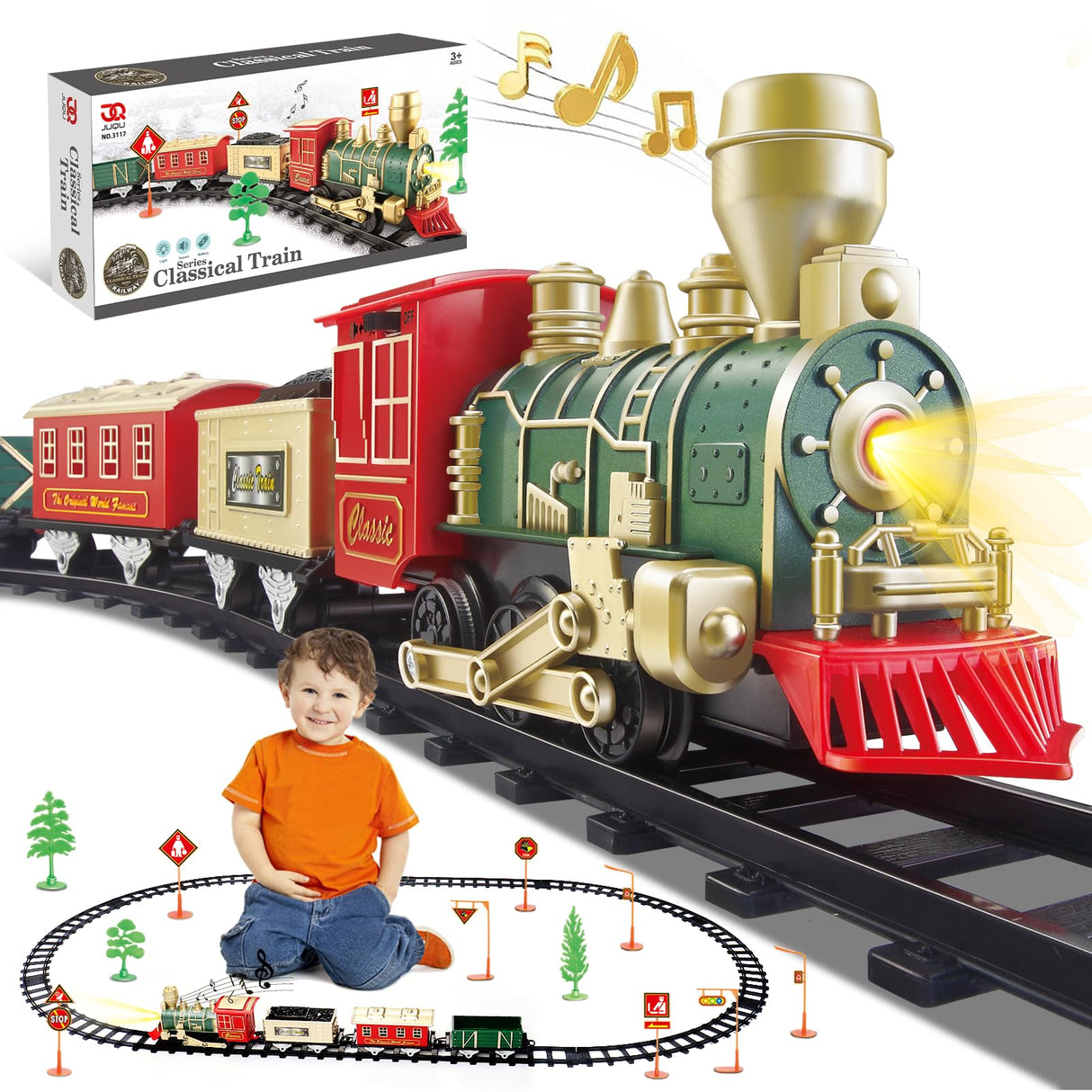 JUQU Electric Train Set for Kids Ages 3-8 – Battery Operated Toy Train with Lights, Sounds, 3 Cars & 10 Tracks, Classic Christmas Tree Train Set for Under or Around Tree