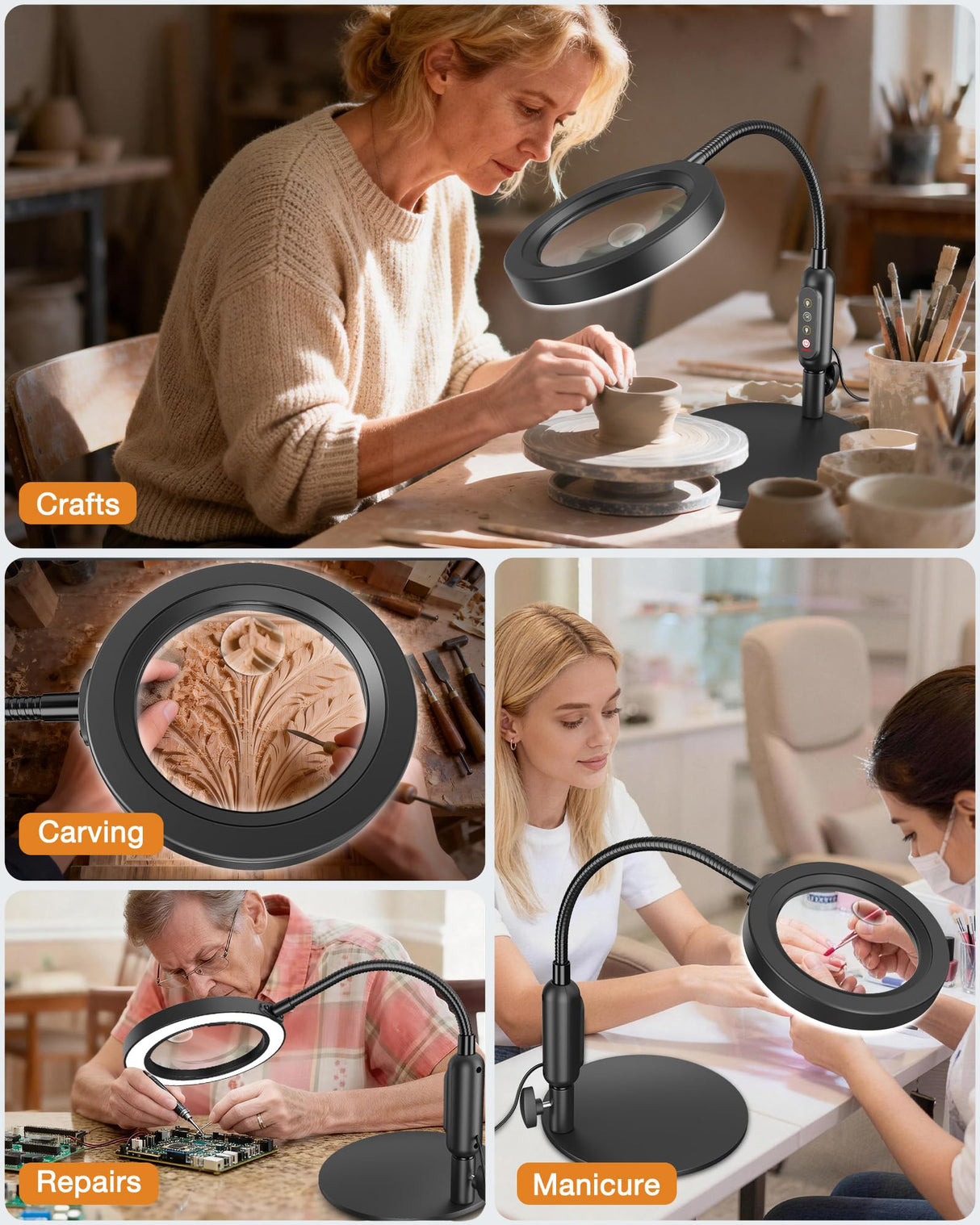 30X 10X Magnifying Glass with Light and Stand, 5 Color Modes Stepless Dimmable, Optical Grade HD Lens, LED Lighted Magnifier Hands Free with Flexible Gooseneck for Close Work, Craft, Hobby, Painting
