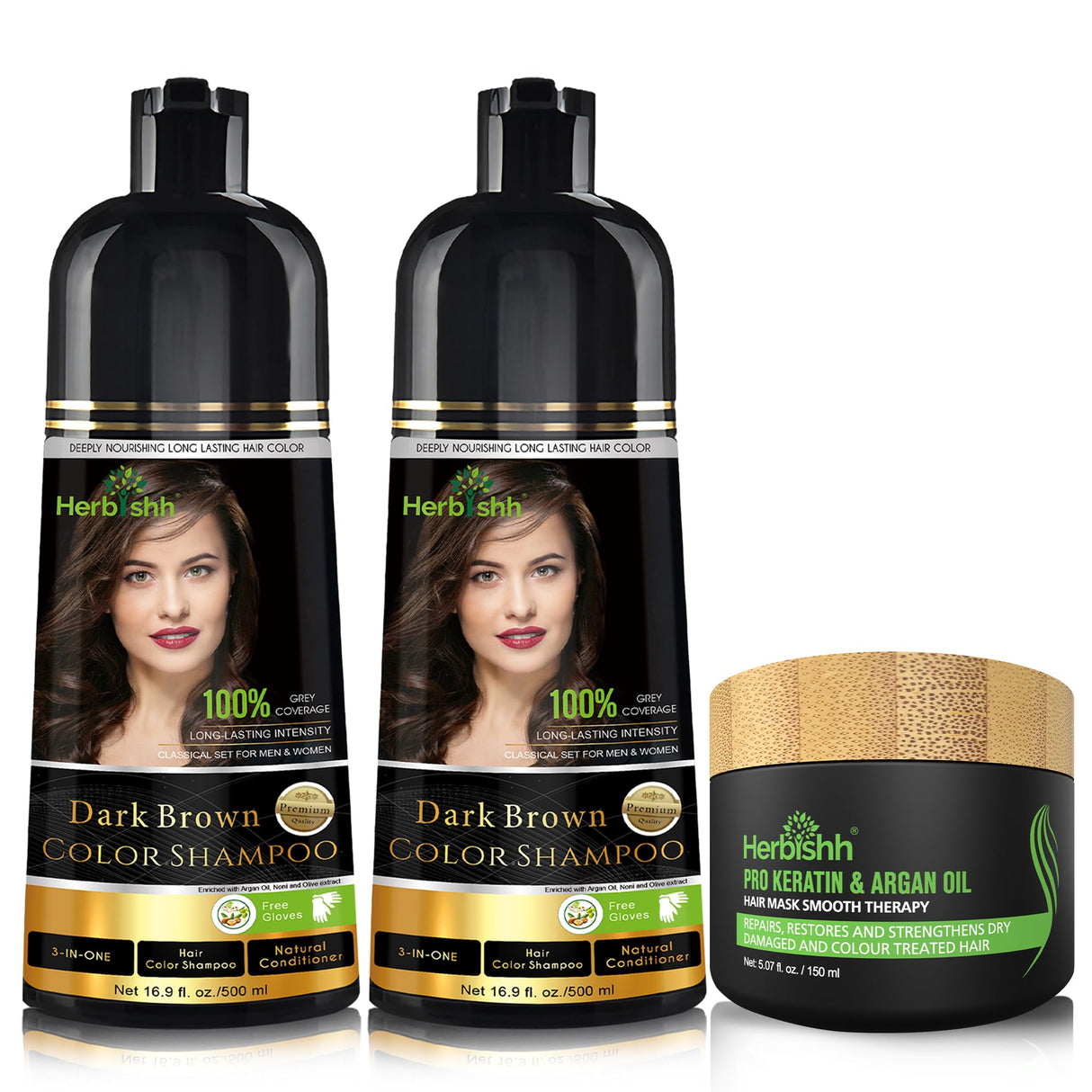 Combo Pack - Herbishh Dark Brown Hair Dye Shampoo + Argan Intense Hair Mask - Stimulates Dry, Frizzy Hair - Long-lasting Color in Minutes - 500ml