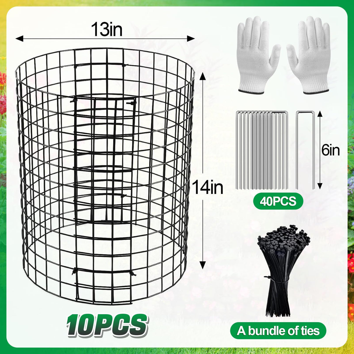 12-gauge Wire Pre-Bent Quick Setup Plant Protectors from Animals -14''H *13''Dia Chicken Wire Plant Cages to Keep Rabbits Deers Squirrels Out, Garden Bunny Barricades with Zip Ties Stakes, 10Pack