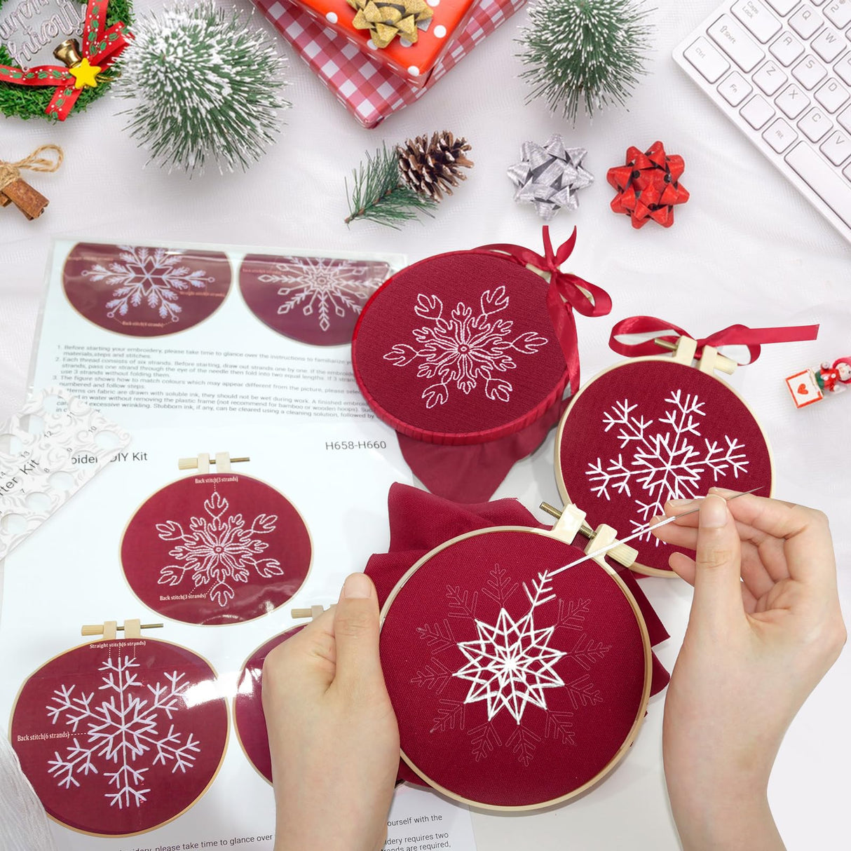 6 Sets Christmas Embroidery kit for Beginners Adults, Antique Red Christmas Ornament Kit Snowflakes Needlepoint Cross Stitch Kits with Patterns, Stitch Learning Kit with Needles Ropes Ribbon-Red