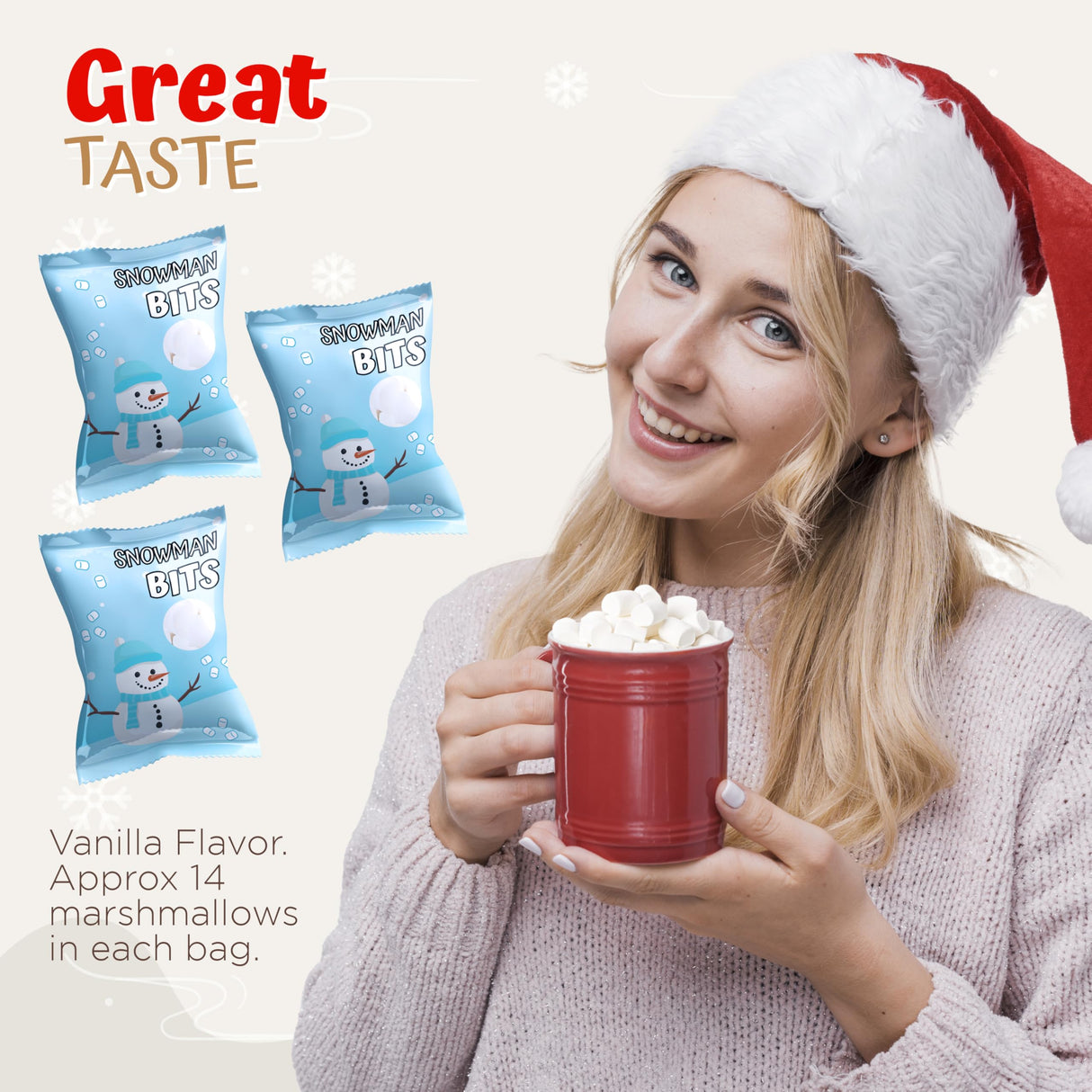 4E's Novelty 50 Packs "Snowman Bits" Mini Marshmallow Packets, Vanilla Flavored, 14 Marshmallows in Each Bag, Bulk Individually Wrapped Christmas Marshmallows For Hot Chocolate Bar Supplies Party Treats