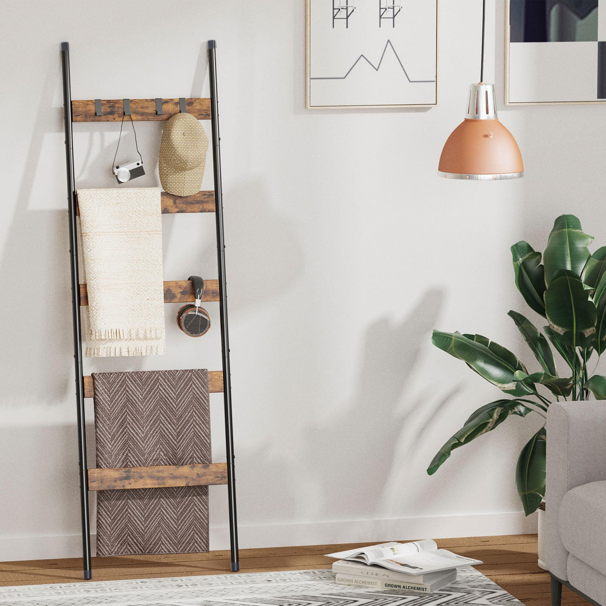 Blanket Ladder, 5-Tier Towel Holder with 4 Removable Hooks, Farmhouse Wall Leaning Decorative Rack Shelf, Wooden Towel Display Rack, Quilt Ladder for Living Room, Bedroom, Rustic Brown