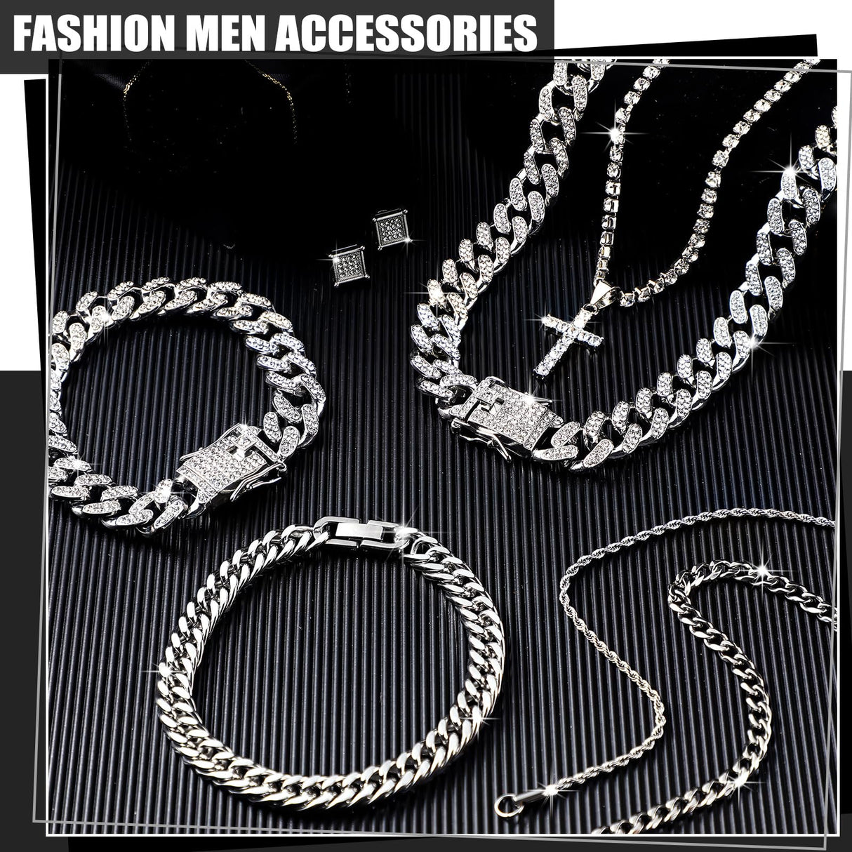 Yinkin 6 Pcs Men Jewelry Set Hip Hop Diamond Chain Bracelet Set, Silver