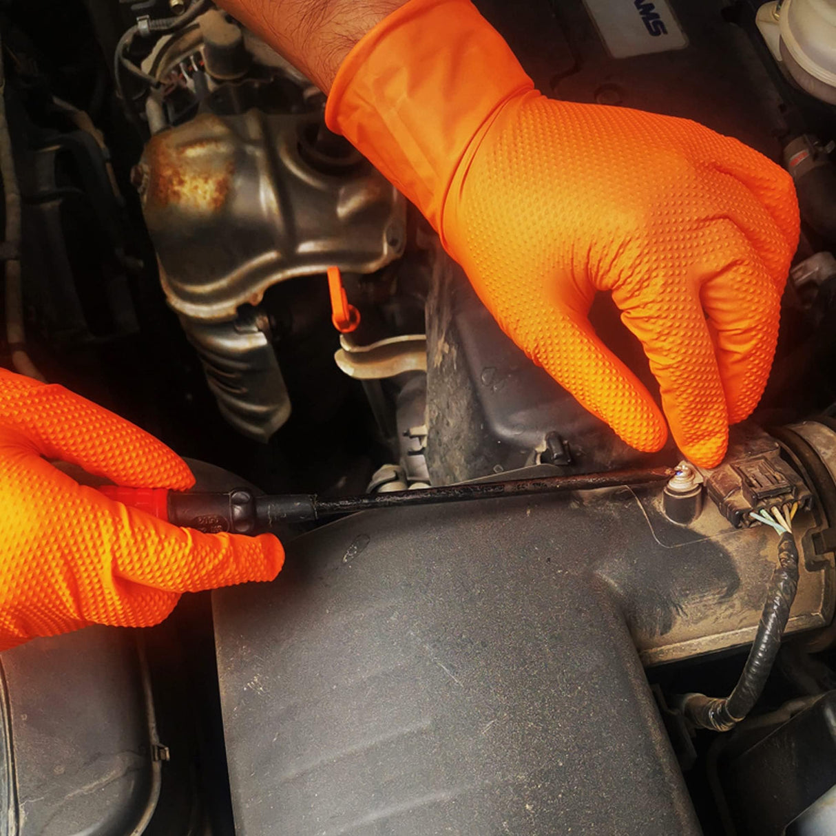 TitanFlex Heavy Duty Industrial Orange Nitrile Gloves, 8-mil, Gloves Disposable Latex Free with Raised Diamond Texture Grip, Powder Free, Rubber Glove, Mechanic Gloves,100-ct Box (XL)