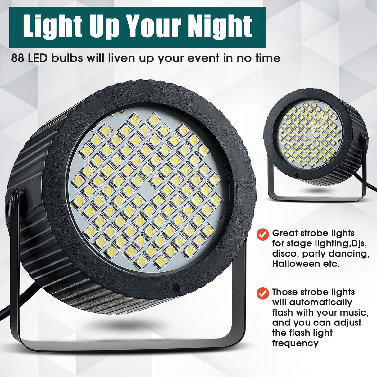 Funtery 2 Pcs Bright Halloween Strobe Light 88 LEDs Flash Party Lighting Sound and Speed Modes Flashing Stage Lights for Christmas Birthday Party Room Dance DJ Bar Karaoke Show Wedding(White)