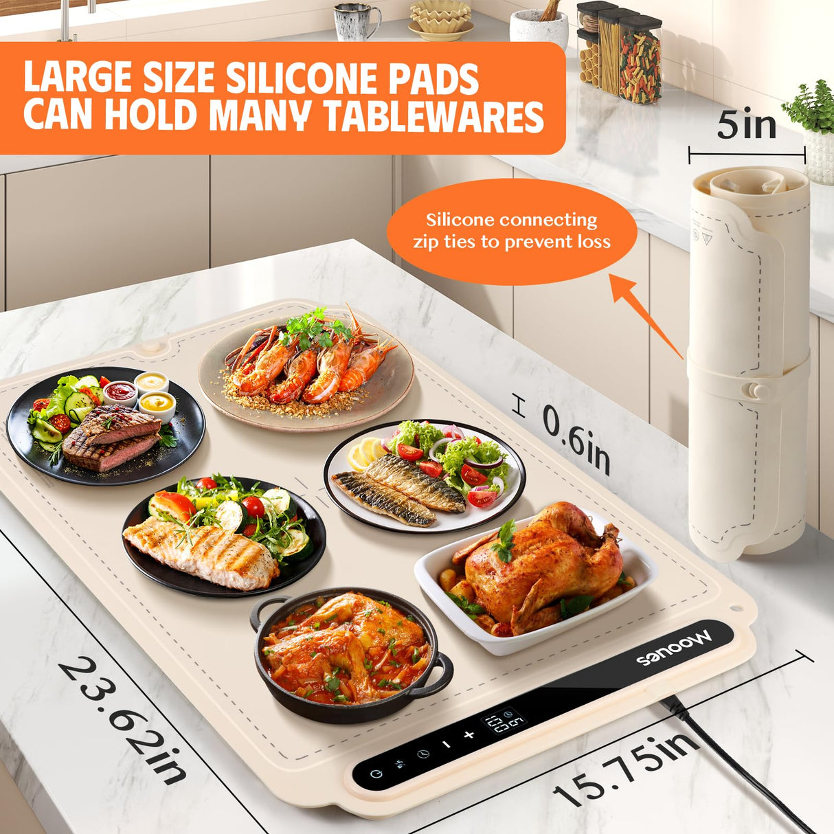 Warming mat for Food, Food Warmer Mat, Portable Silicone Food Warming Mat, Versatile Full Surface Heating Food Warmer with 7 Level Temperature and 6 Hours Timer for Home Dinner (Cream Color)