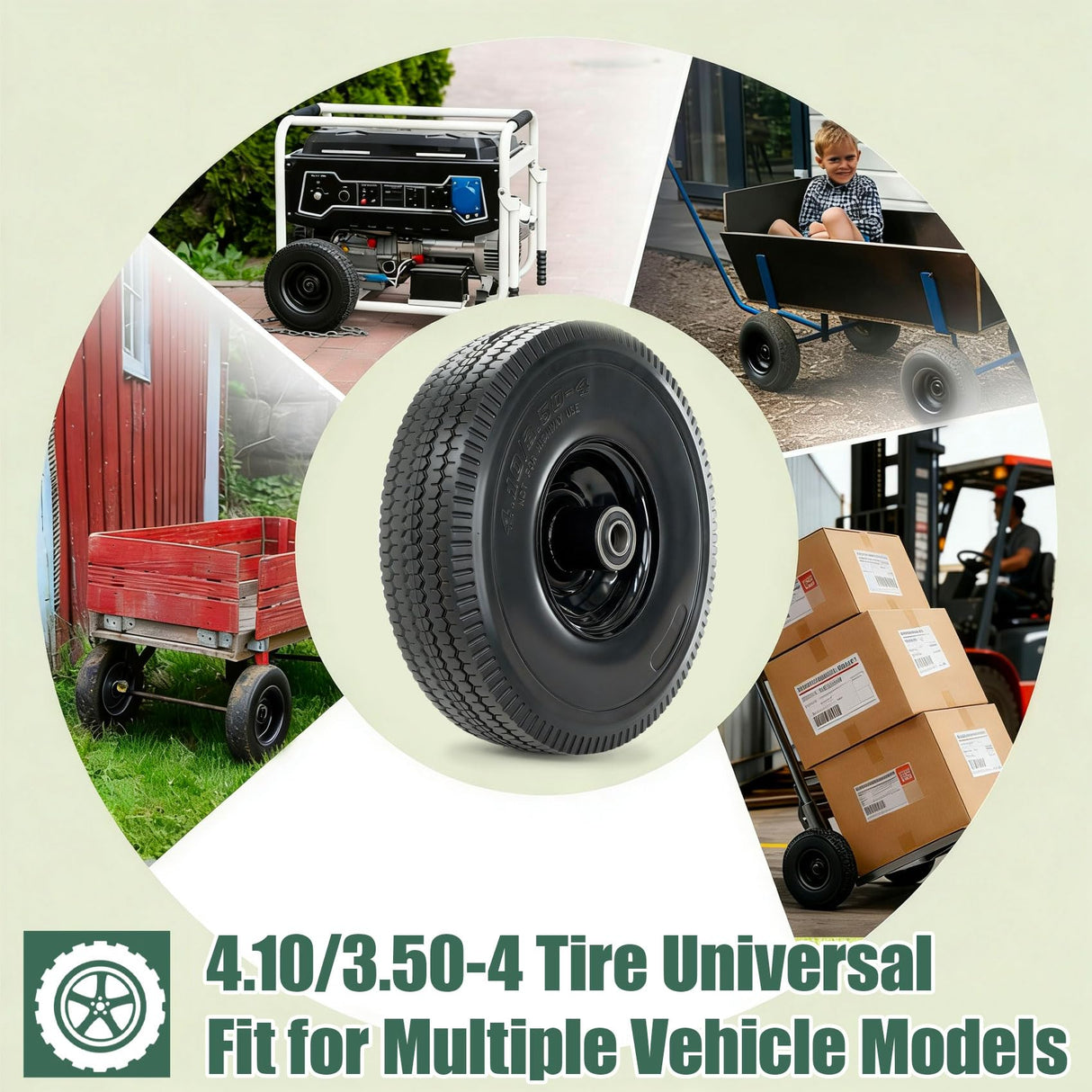 4.10/3.50-4 Tire and Wheel, 10" Solid Tires with 5/8” Bearing, Extra 3/4”&1/2” Bearings, 2.2” Offset Hub, Flat Free 4.10/3.50-4'' Wheels for Dollies, Hand Trucks, Tractors (2 Pack) (Black)