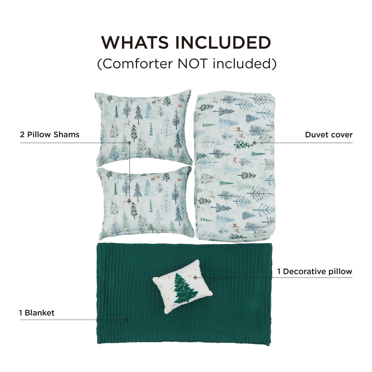 Bedsure King Size Christmas Duvet Cover - Green Forest Holiday Bedding Set, 5-Piece Collection Includes 1 Duvet Cover, 2 Pillow Shams, 1 Throw Blanket, and 1 Decorative Pillow (King, Green Forest)