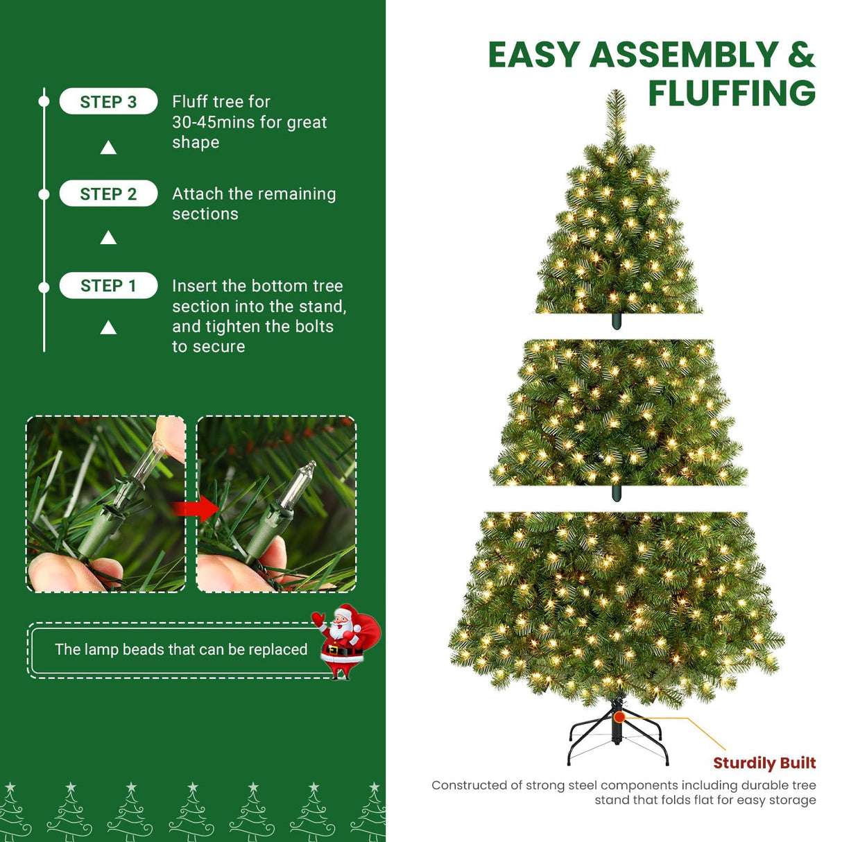 SHareconn 7.5ft Prelit Premium Artificial Classic Spruce Christmas Tree with Pre-lit 350 Warm White Lights, 1170 Branch Tips and Foldable Stand, Perfect Choice for Xmas Decoration, 7.5 FT, Green